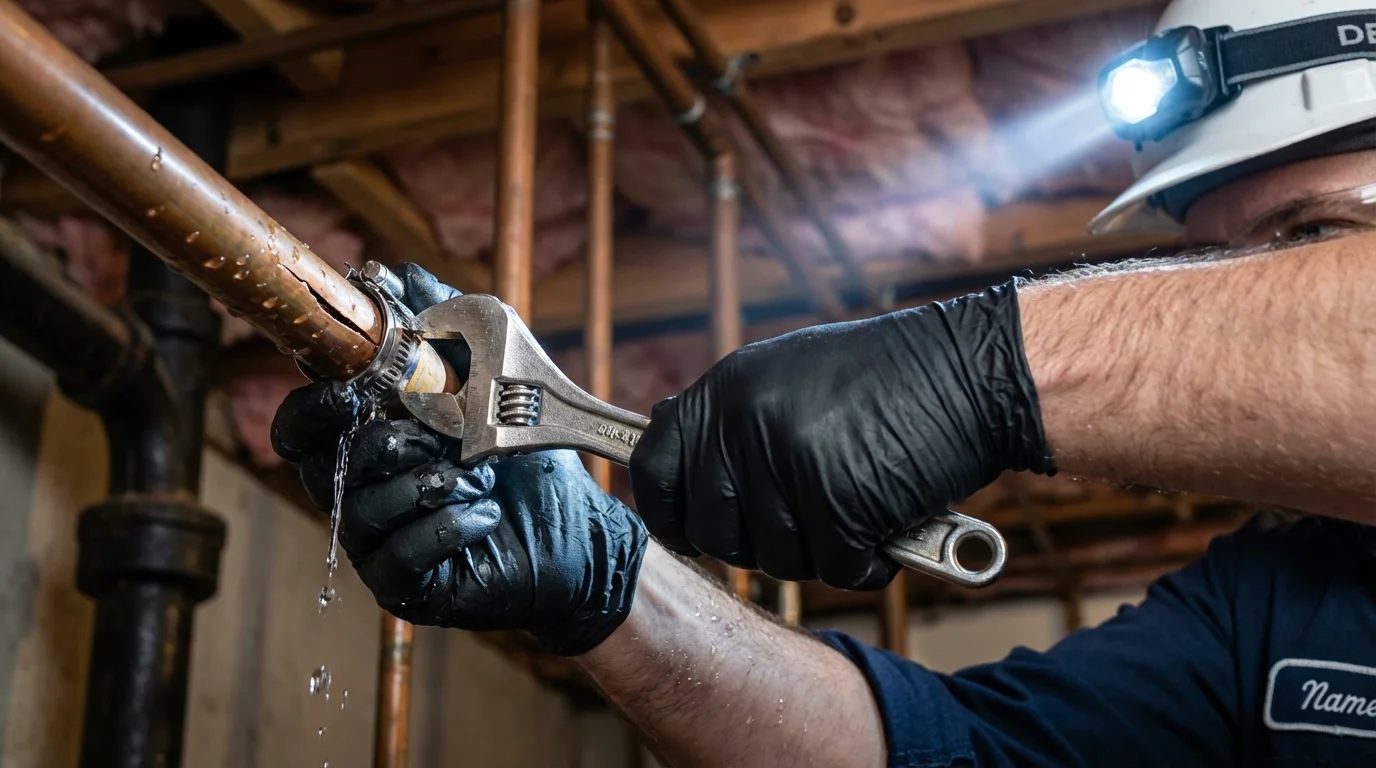 Emergency pipe clamp repair being performed by a Johns Plumbing LLC plumber in Orange Beach