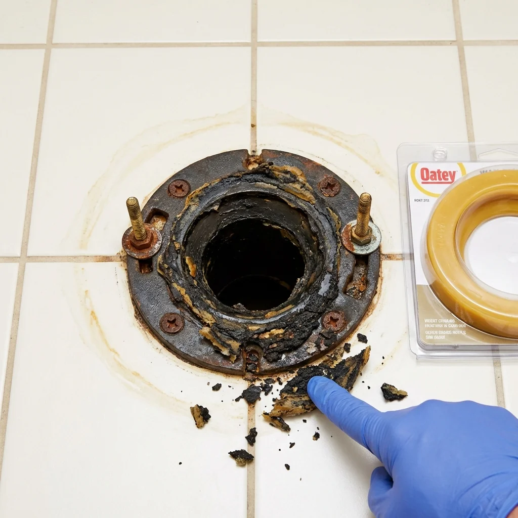 Failed wax ring showing water seepage at the base of a toilet in a Orange Beach, AL home