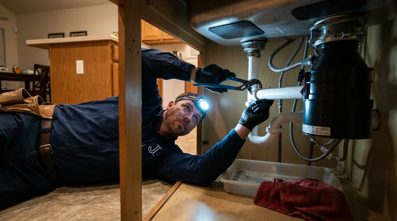 P-trap and supply line connections under a kitchen sink showing a common leak point in Orange Beach, AL